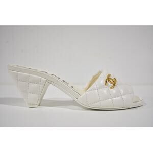 Chanel REV White Lambskin Quilted CC Gold Logo Cone Heel Mule Slide Sandal 38